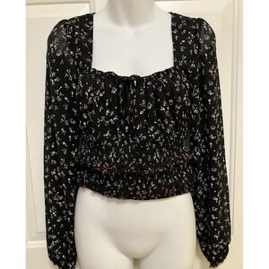 FREE PEOPLE Blouse Sz XS Top Black Smocked Gauze Crop Peasant Boho Women's Shirt
